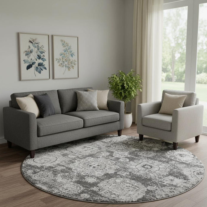 8' Floral Washable Round Rug With UV Protection (653203) - Gray / Ivory