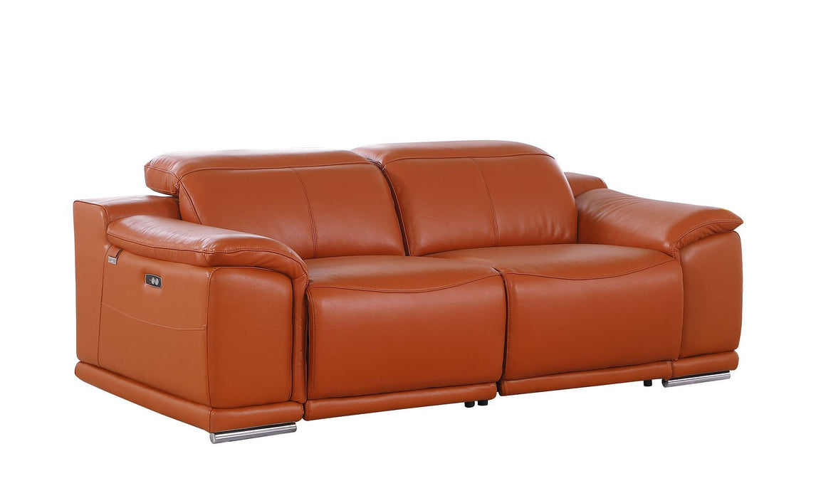 Italian Leather Power Reclining Loveseat - Orange / Silver