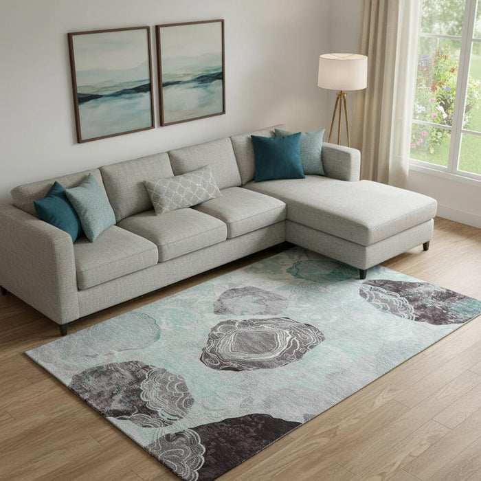 10' X 14' Geometric Washable Area Rug With UV Protection (697212) - Teal / Charcoal / Ivory