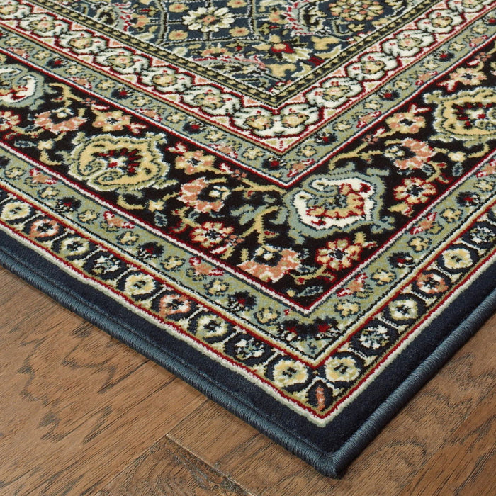 8' x 11' Oriental Power Loom Stain Resistant Area Rug - Navy Blue Green Red Ivory And Yellow