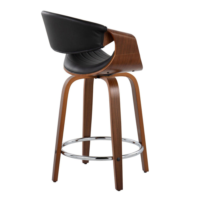 Curvo - 24" Fixed-Height Counter Stool With Swivel And Round Chrome Metal Footrest (Set of 2) - Walnut Wood
