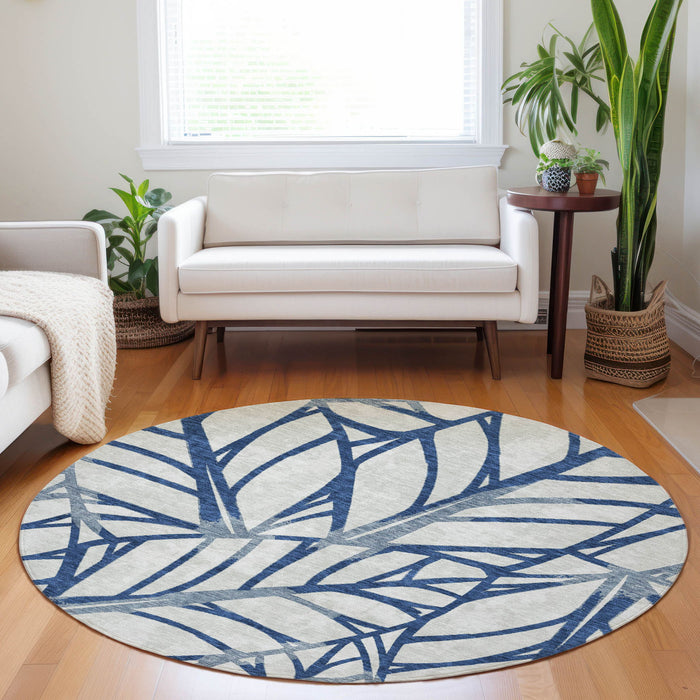 8' Floral Washable Round Rug With UV Protection - Navy Blue And Beige