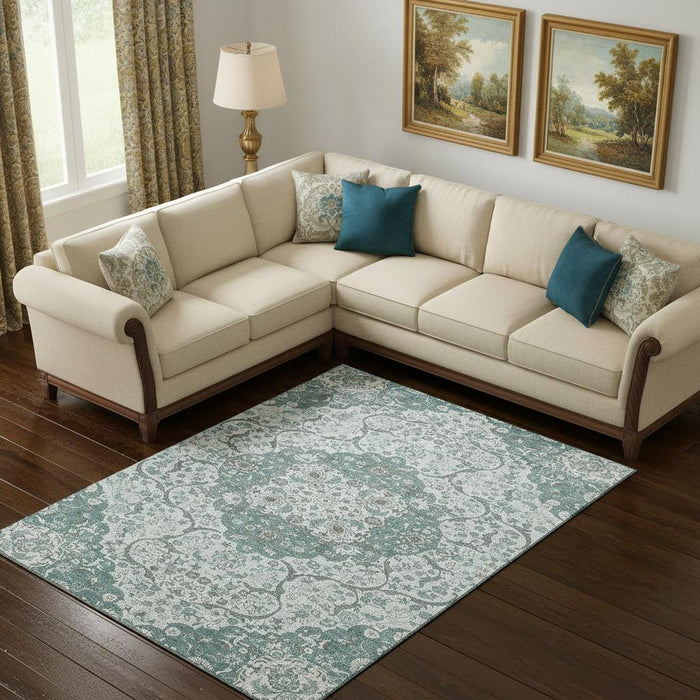 10' X 14' Medallion Washable Area Rug With UV Protection (696842) - Teal / Gray / Silver