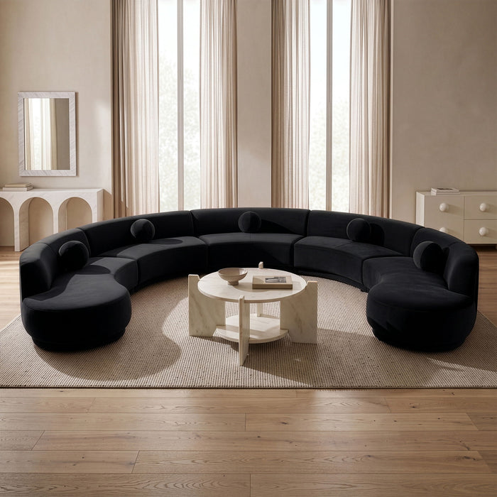 Meridian Furniture Avra 192-inch velvet performance fabric upholstered sectional sofa in a stationary living room setting.