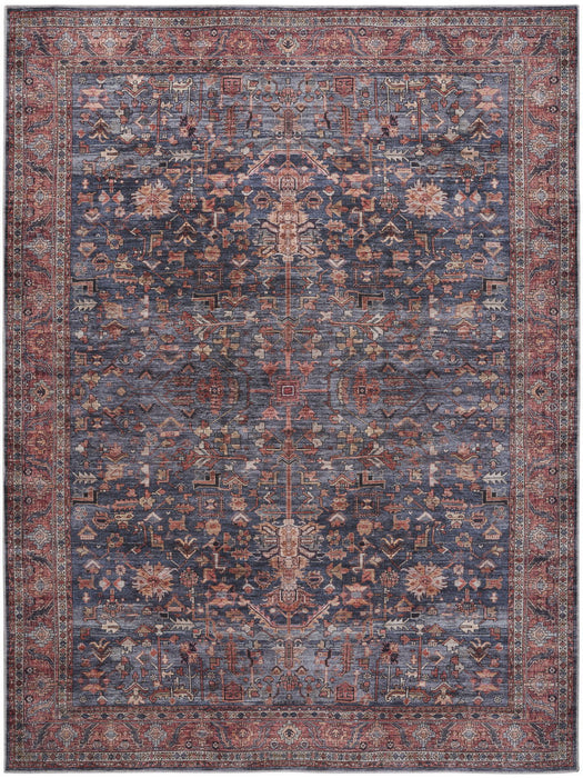 9' x 12' Oriental Power Loom Distressed Washable Non Skid Area Rug - Red And Blue