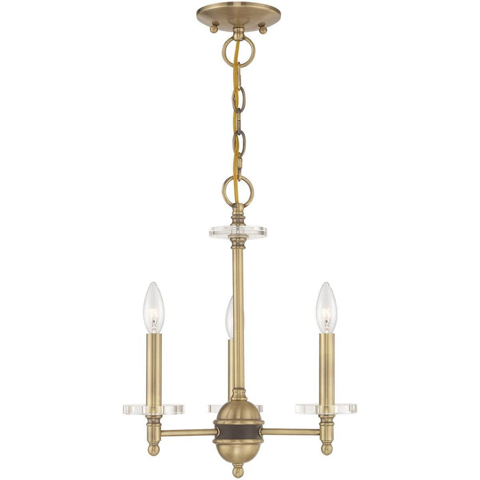 Three Light Metal Dimmable Chandelier With Shades - Antiqued Brass / Clear