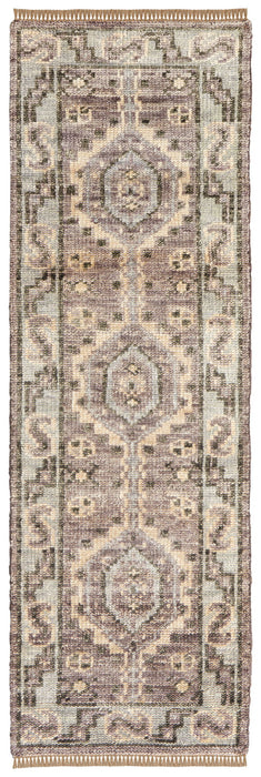 12' Wool Geometric Hand Knotted Runner Rug With Fringe - Ivory Gray And Brown