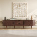 Dark brown Giga TV stand for 70-inch TVs with tambour doors, drawers, and built-in power outlet, showcasing modern living room style.