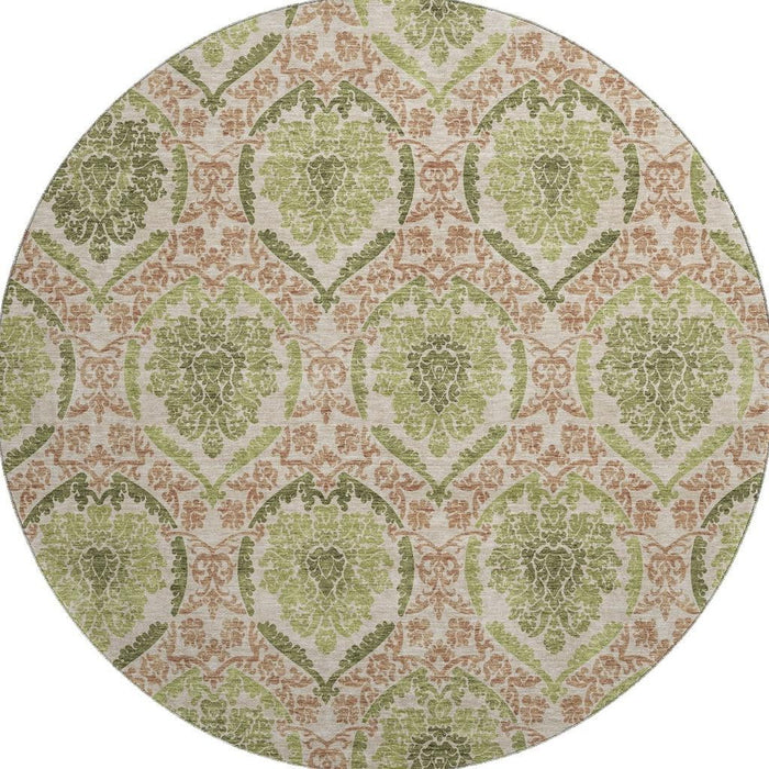 8' Medallion Washable Round Rug With UV Protection - Olive Green And Copper