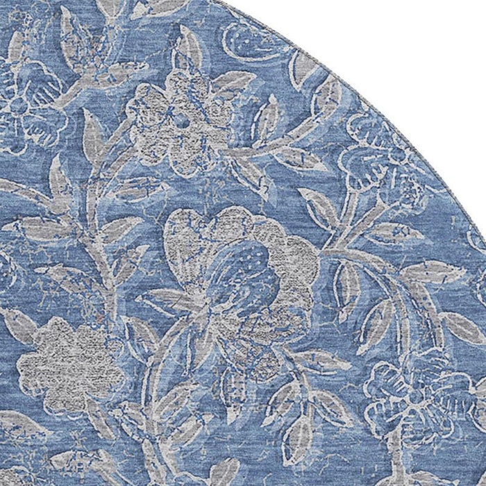 8' Floral Washable Round Rug With UV Protection - Denim Blue And Taupe