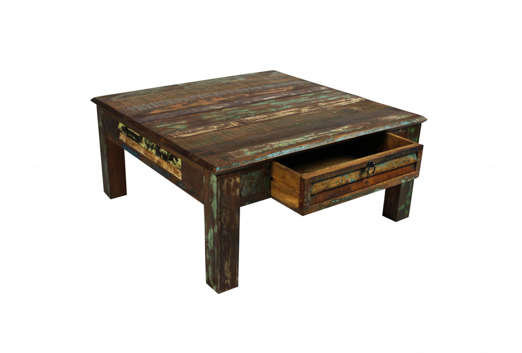 Square Distressed Wooden Coffee Table - Green and Brown