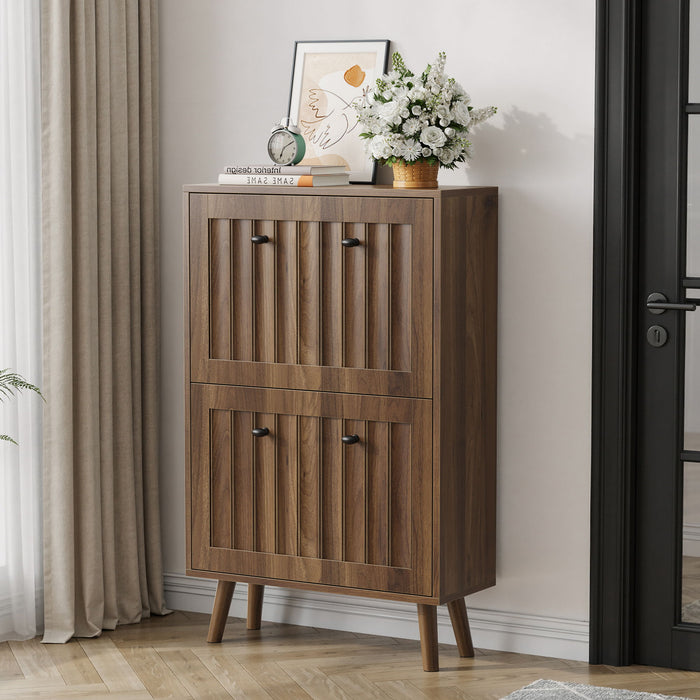 Giga walnut shoe cabinet with upright storage, featuring multiple compartments for organized footwear storage.
