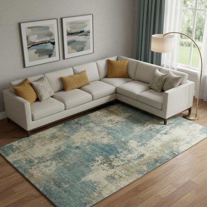 10' X 14' Abstract Washable Area Rug With UV Protection (716972) - Teal / Beige