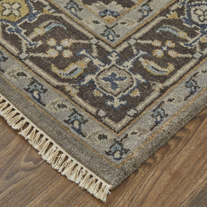 5' x 8' Wool Floral Hand Knotted Stain Resistant Area Rug - Gray Taupe And Blue