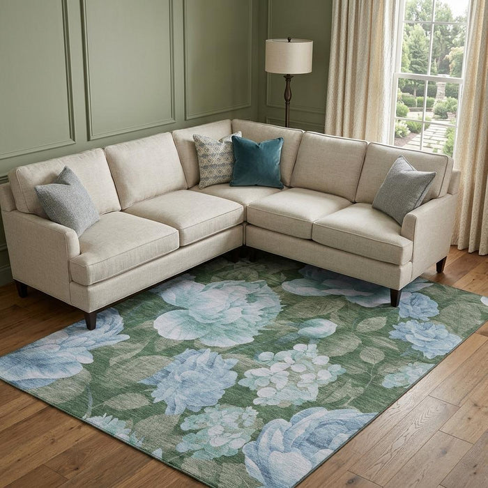 10' X 14' Floral Washable Area Rug With UV Protection (694460) - Sky Blue / Taupe