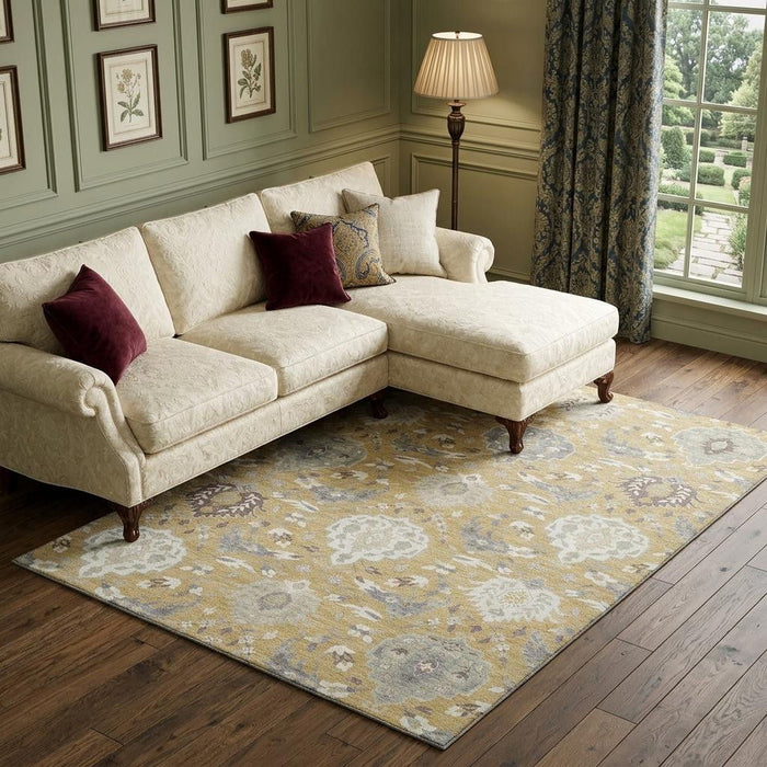 10' X 14' Damask Washable Area Rug With UV Protection (680541) - Gold / Gray / Ivory