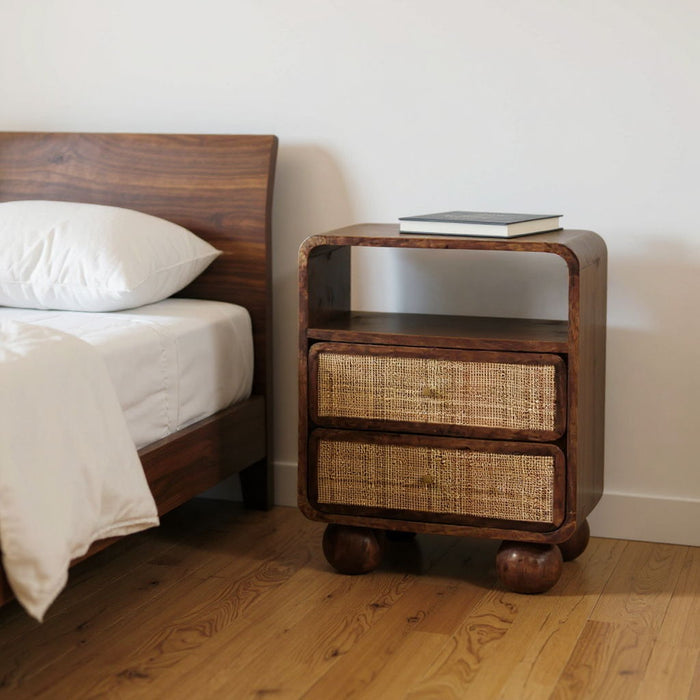 22" Solid Wood Cane Rat Two Drawer Nightstand - Chestnut And Natural