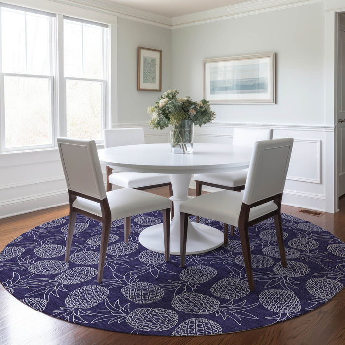 8' Boical Leaves Washable Round Rug With UV Protection - Blue And Ivory
