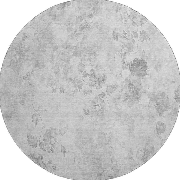 8' Floral Washable Round Rug With UV Protection (657710) - Gray / Silver