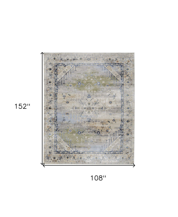 9' x 13' Abstract Power Loom Worn Faded Area Rug - Ivory Green And Blue