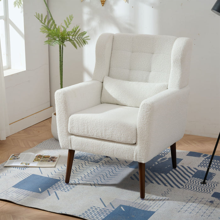 Giga modern upholstered accent armchair with soft padding, wooden legs, and pillow, perfect for living rooms or bedrooms.
