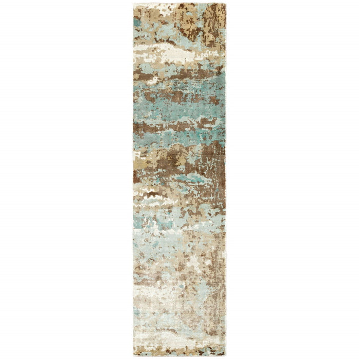 2' x 10' Abstract Hand Loomed Stain Resistant Runner Rug - Blue And Brown