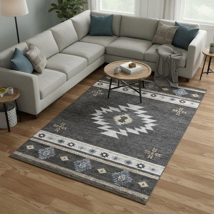 10' X 14' Geometric Washable Area Rug With UV Protection (645690) - Midnight / Ivory / Beige