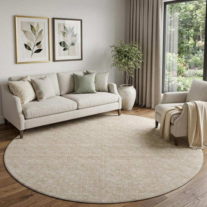 8' Geometric Washable Round Rug With UV Protection (647059) - Beige / Ivory
