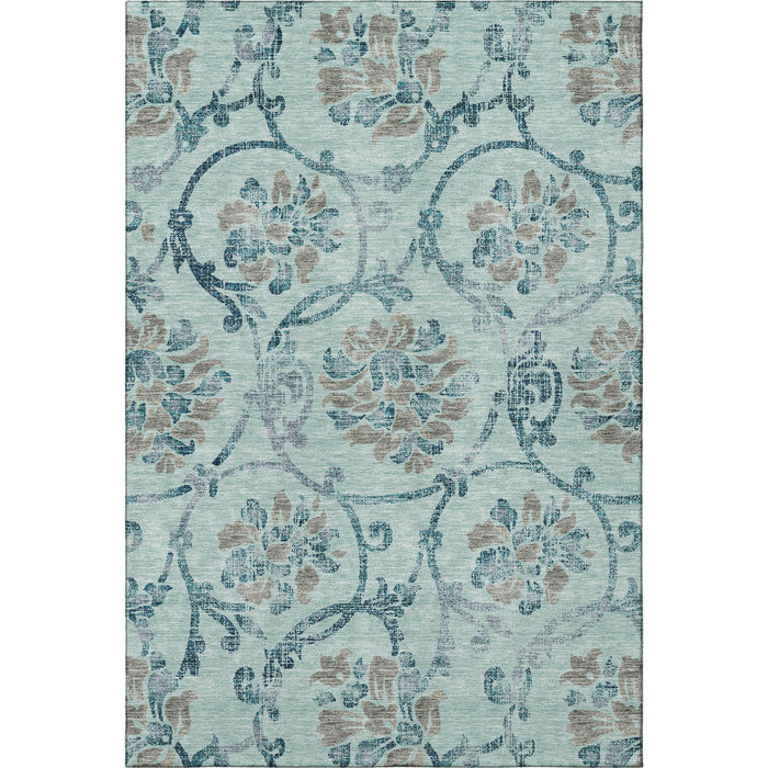 10' X 14' Floral Washable Area Rug With UV Protection - Teal And Gray