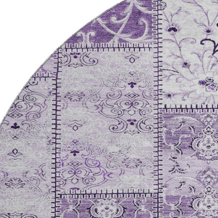 8' Patchwork Distressed Washable Round Rug With UV Protection (649579) - Purple / Ivory