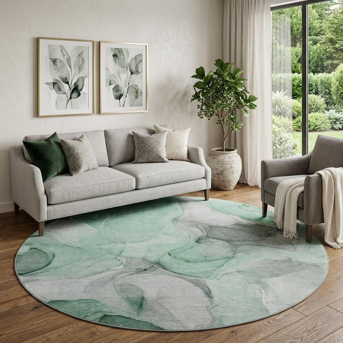 8' Abstract Washable Round Rug With UV Protection (646719) - Green / Gray / Ivory