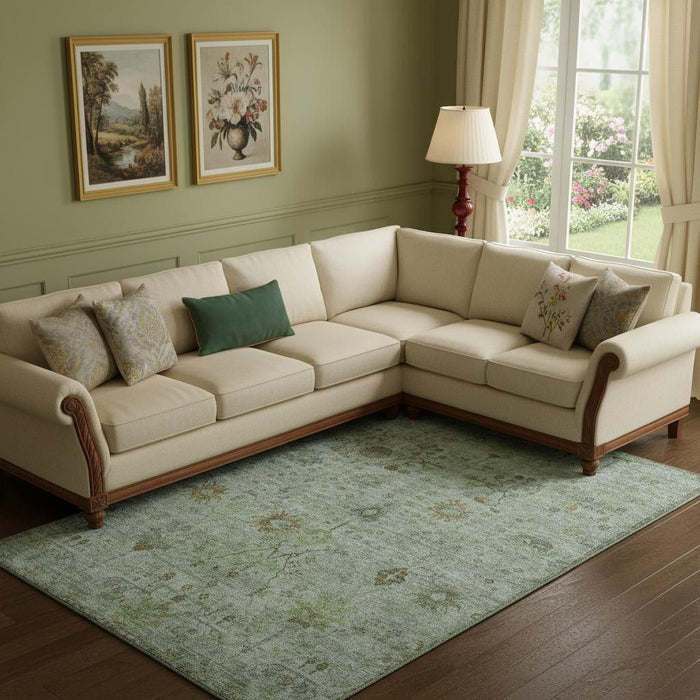 10' X 14' Oriental Washable Area Rug With UV Protection (709768) - Artichoke Green / Copper / Gray