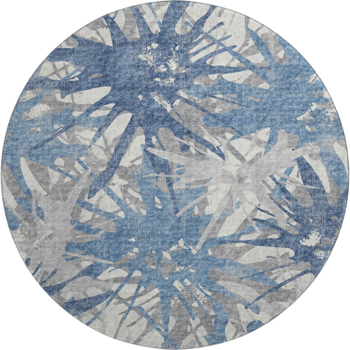 8' Abstract Washable Round Rug Polyester With UV Protection - Blue / Gray