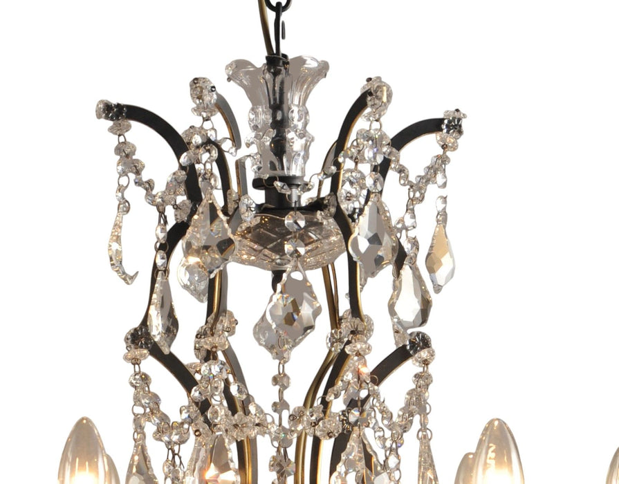 Black metal chandelier with six candle-style lights, crystal glass accents, and a modern chandelier design by HomeRoots.