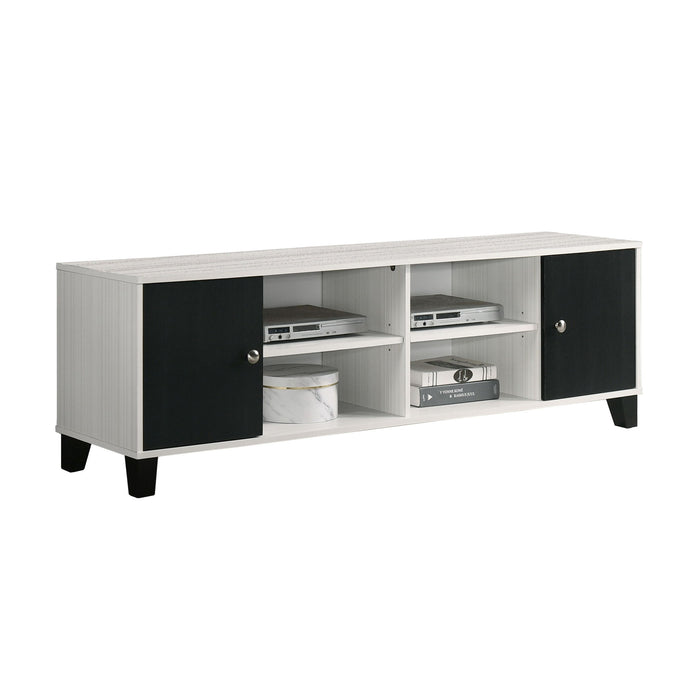 Giga 2-tone black and white TV stand with open shelves and concealed storage, modern living room furniture, sleek design.
