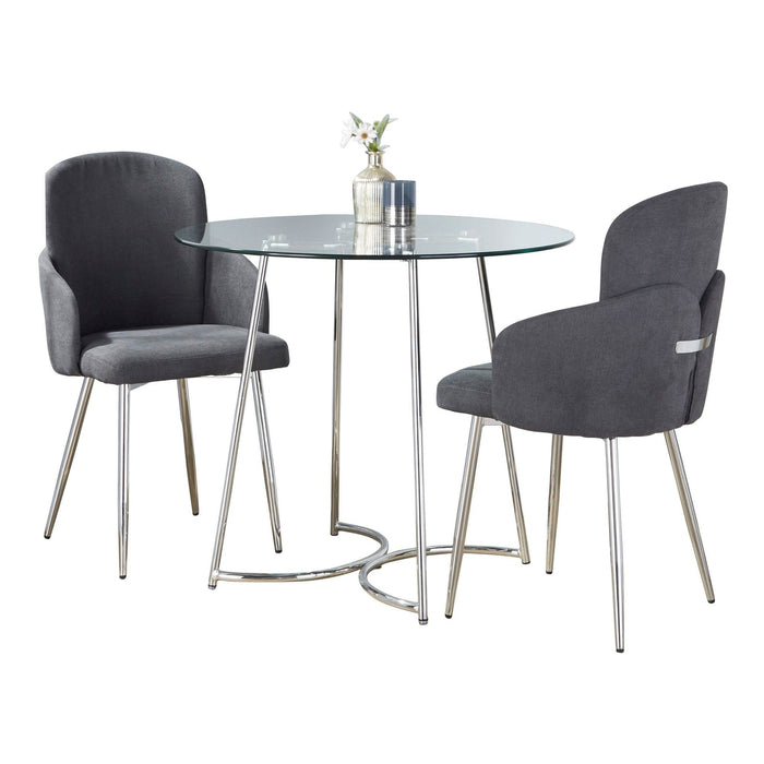 Cece - Dahlia 3 Piece Dining Set - Chrome Metal, Clear Glass, Gray Fabric