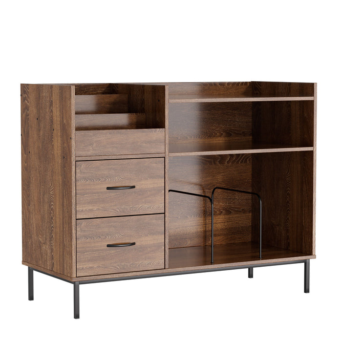Giga eco-friendly vinyl record player stand with flip-top storage, dustproof drawers, dual outlets, and sideboard design.
