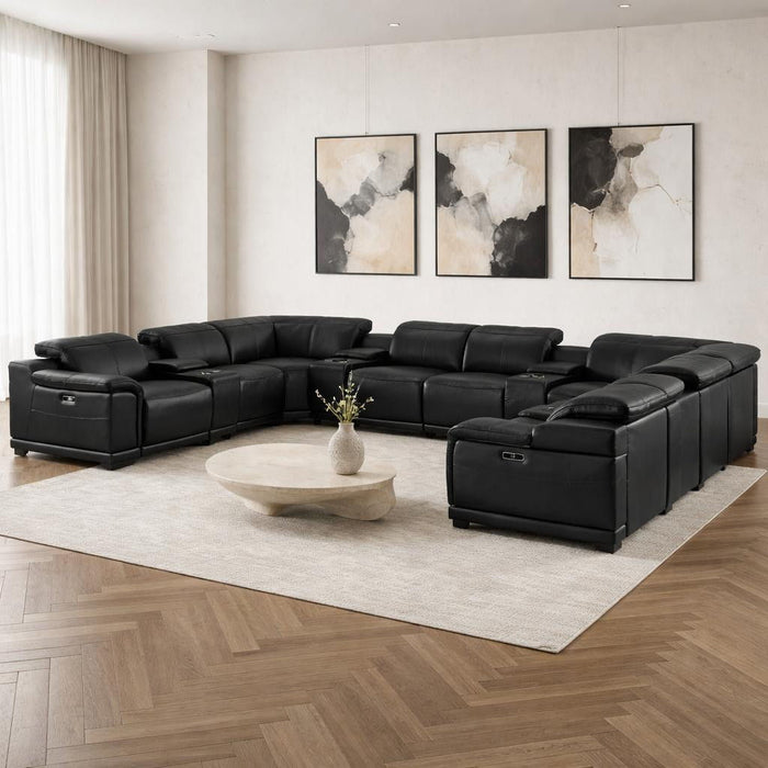 Leather Modular U Shaped Twelve Piece Corner Sectional With Console - Black
