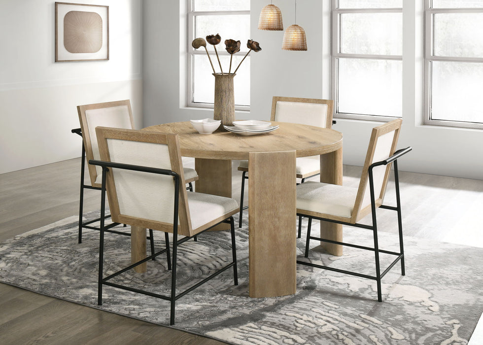 Giga Bowen 5-piece round dining table set with oak finish and cream upholstered chairs, ideal for modern dining rooms