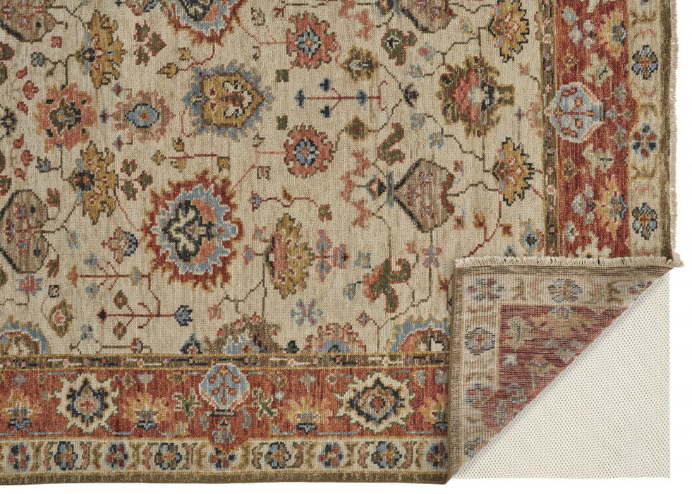 8' x 10' Wool Floral Hand Knotted Stain Resistant Area Rug - Ivory Red And Blue