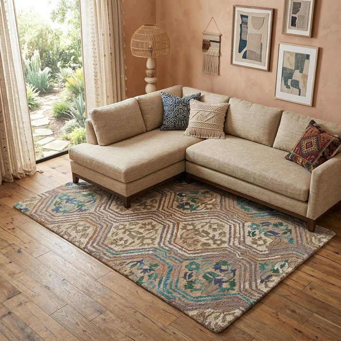9' X 13' Hand Tufted Area Rug (744438) - Tan / Blue / Green