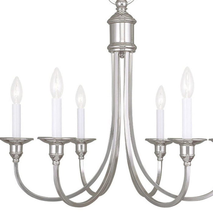 HomeRoots 23-inch metal chandelier with six shades, dimmable nickel finish, modern design, ideal for contemporary lighting.