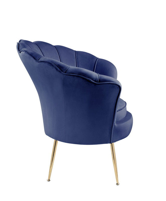 Giga Angelina scalloped back barrel accent chair with metal legs, beige upholstery and stylish design.
