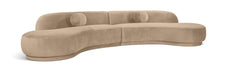 Meridian Furniture Avra 146-inch velvet upholstered sectional sofa with plush cushions and modern design.