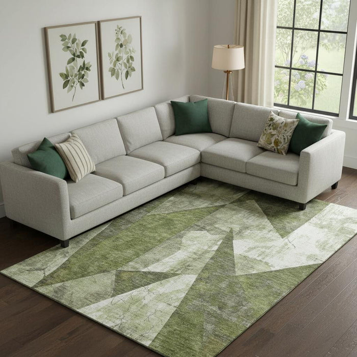 10' X 14' Abstract Geometric Washable Area Rug With UV Protection (705329) - Green / Ivory / Beige