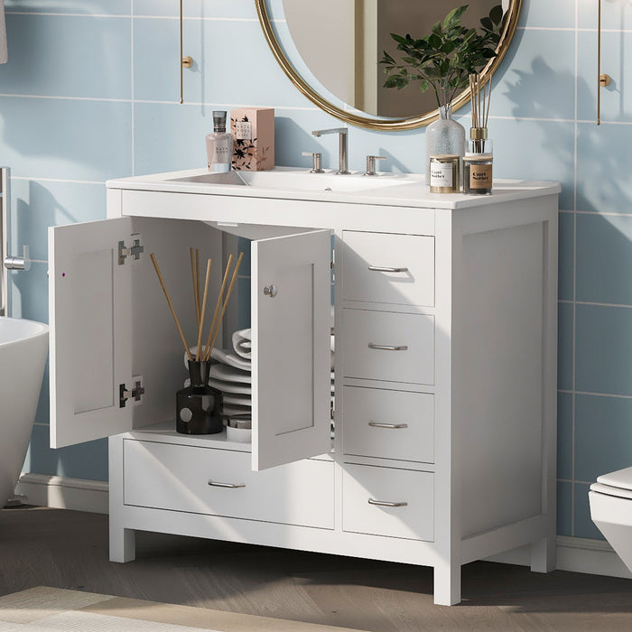 Giga bathroom vanity with ceramic sink, two soft-close doors, five drawers, ample storage cabinet for modern bathroom use.