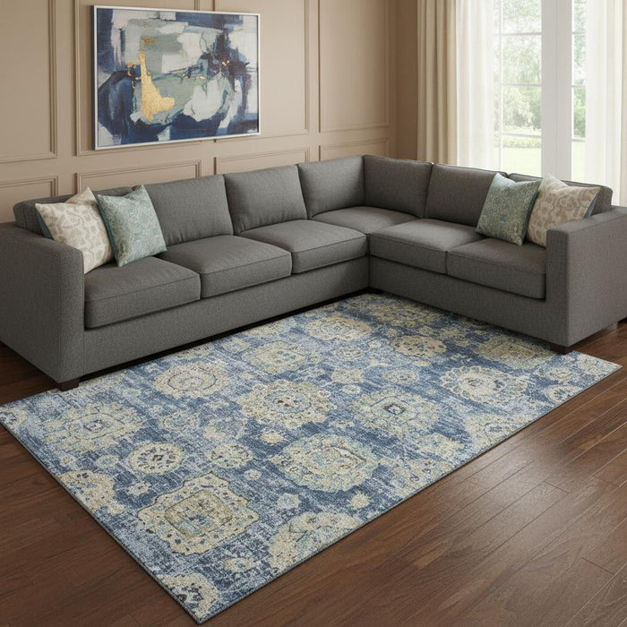 9' X 12' Floral Washable Area Rug With UV Protection (653187) - Blue / Ivory / Gold