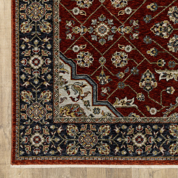 10' x 13' Oriental Power Loom Stain Resistant Area Rug With Fringe - Red Ivory Blue Navy Gold And Gray