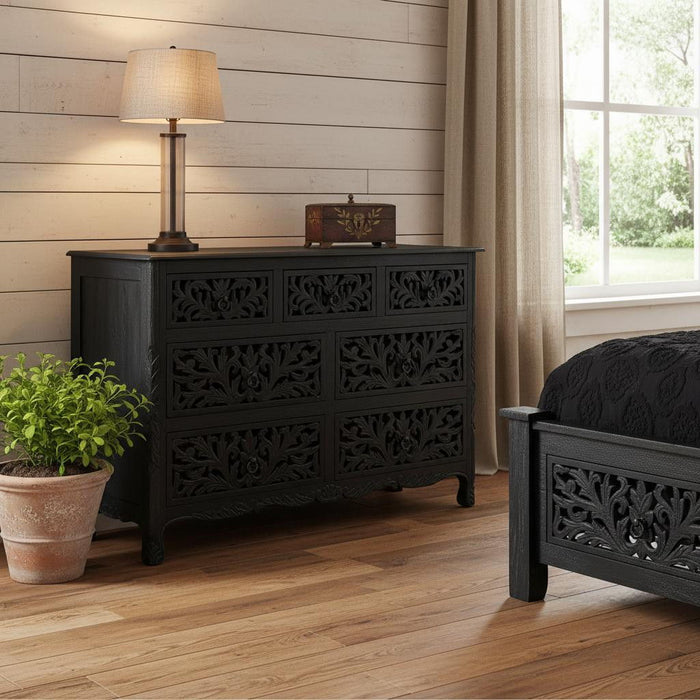 Solid Wood Seven Drawer Dresser - Black
