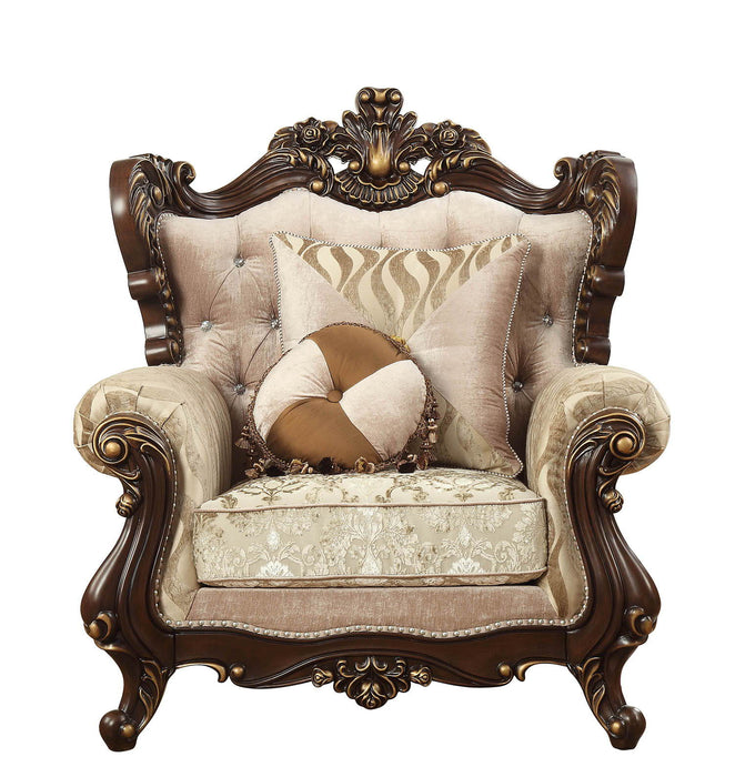 Fabric Damask Tufted Arm Chair And Toss Pillows - Beige And Brown